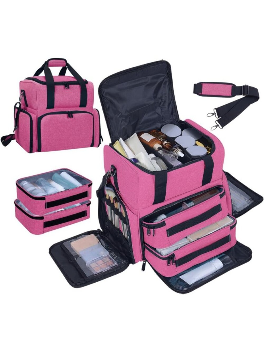 Spacious Red Makeup Bag with 2 Removable Cases - Perfect for Travel